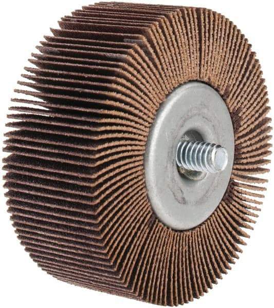 Norton - 2-1/2" Diam x 1" Face Width, Fine Aluminum Oxide Coated Mounted Flap Wheel - 1/4-20 Threaded Mount, 120 Grit, Cloth Backing, 23,000 Max RPM - Eagle Tool & Supply