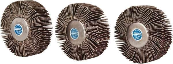 Value Collection - 3 Piece Abrasive Flap Sanding Wheel Kit - 60, 80 & 120 Grit, Medium & Fine Grade, 3" Diam x 1" Wide x 1/4" Shank Diam - Eagle Tool & Supply