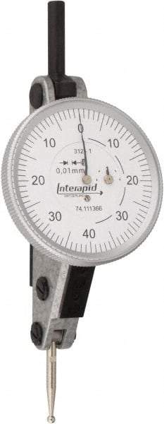INTERAPID - 1.6 mm Range, 0.01 mm Dial Graduation, Horizontal Dial Test Indicator - 1-1/2 Inch White Dial, 0-40-0 Dial Reading - Eagle Tool & Supply
