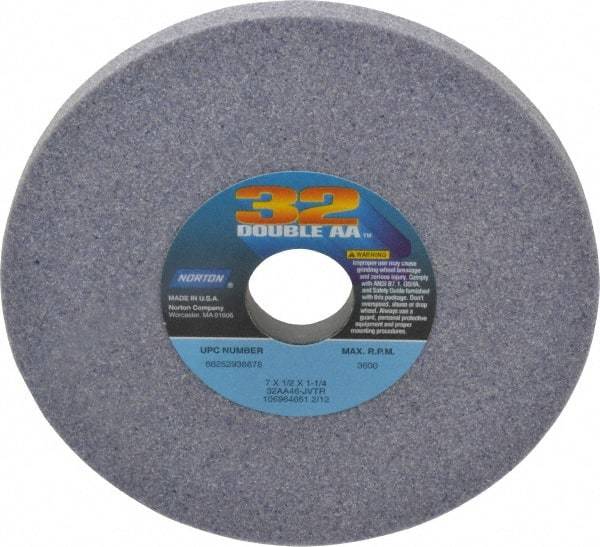Norton - 7" Diam x 1-1/4" Hole x 1/2" Thick, J Hardness, 46 Grit Surface Grinding Wheel - Aluminum Oxide, Type 1, Coarse Grade, 3,600 Max RPM, Vitrified Bond, No Recess - Eagle Tool & Supply