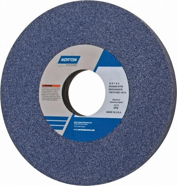 Norton - 12" Diam x 3" Hole x 1" Thick, I Hardness, 60 Grit Surface Grinding Wheel - Aluminum Oxide, Type 1, Medium Grade, 2,070 Max RPM, Vitrified Bond, No Recess - Eagle Tool & Supply