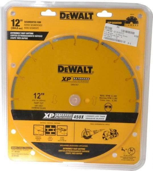 DeWALT - 12" Diam, 1" Arbor Hole Diam, Wet & Dry Cut Saw Blade - Diamond-Tipped, General Purpose Action, Standard Round Arbor - Eagle Tool & Supply