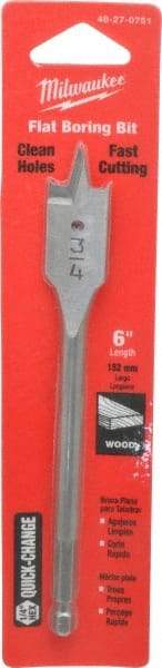Milwaukee Tool - 3/4", 1/4" Straight Shank, Bright Finish, Carbon Steel, Spade Blade Drill Bit - 2 Spurs, 6-3/8" Overall Length, Wire Fishing Hole - Eagle Tool & Supply