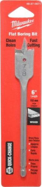 Milwaukee Tool - 7/8", 1/4" Straight Shank, Bright Finish, Carbon Steel, Spade Blade Drill Bit - 2 Spurs, 6-3/8" Overall Length, Wire Fishing Hole - Eagle Tool & Supply