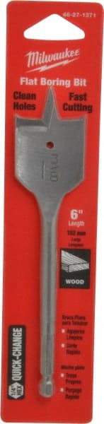Milwaukee Tool - 1-3/8", 1/4" Straight Shank, Bright Finish, Carbon Steel, Spade Blade Drill Bit - 2 Spurs, 6-3/8" Overall Length, Wire Fishing Hole - Eagle Tool & Supply