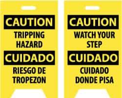 NMC - Caution - Tripping Hazard, Caution - Watch Your Step, 12" Wide x 19" High, Plastic Floor Sign - English/Spanish, A-Frame, Black on Yellow, For Accident Prevention - Eagle Tool & Supply