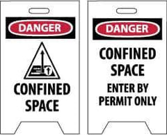 NMC - Danger - Confined Space, Danger - Confined Space - Enter by Permit Only, 12" Wide x 19" High, Plastic Floor Sign - A-Frame, Red & Black on White, For Accident Prevention - Eagle Tool & Supply