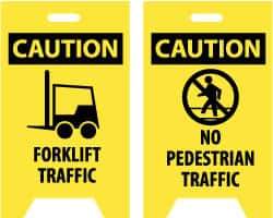 NMC - Caution - Forklift Traffic, Caution - No Pedestrian Traffic, 12" Wide x 19" High, Plastic Floor Sign - A-Frame, Black on Yellow, For Accident Prevention - Eagle Tool & Supply