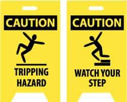 NMC - Caution - Tripping Hazard, Caution - Watch Your Step, 12" Wide x 19" High, Plastic Floor Sign - A-Frame, Black on Yellow, For Accident Prevention - Eagle Tool & Supply