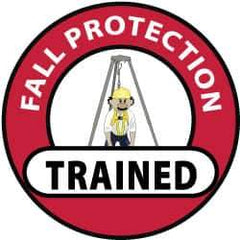 NMC - Fall Protection Trained, Hard Hat Label - Black, Red & Yellow on White, 2" Thick, For Accident Prevention - Eagle Tool & Supply