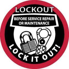 NMC - Lockout Before Service Repair or Maintenance - Lock It Out, Hard Hat Label - Black & Red on White, 2" Thick, For Accident Prevention - Eagle Tool & Supply