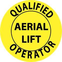 NMC - Qualified Aerial Lift Operator, Hard Hat Label - Black on Yellow, 2" Thick, For Certified Operator - Eagle Tool & Supply