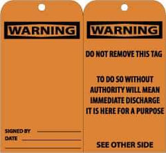 NMC - 3" High x 6" Long, Warning, English Safety & Facility Accident Prevention Tag - Tag Header: Warning, 2 Sides, Black & Orange Unrippable Vinyl - Eagle Tool & Supply