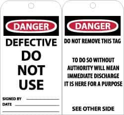 NMC - 3" High x 6" Long, DANGER - DEFECTIVE - DO NOT USE, English Safety & Facility Accident Prevention Tag - Tag Header: Danger, 2 Sides, Black, Red & White Unrippable Vinyl - Eagle Tool & Supply