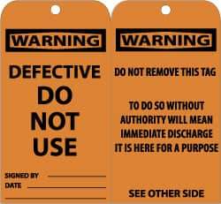 NMC - 3" High x 6" Long, WARNING - DEFECTIVE-DO NOT USE, English Safety & Facility Accident Prevention Tag - Tag Header: Warning, 2 Sides, Black & Orange Unrippable Vinyl - Eagle Tool & Supply