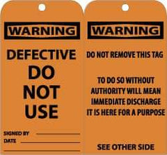 NMC - 3" High x 6" Long, WARNING - DEFECTIVE-DO NOT USE, English Safety & Facility Accident Prevention Tag - Tag Header: Warning, 2 Sides, Black & Orange Unrippable Vinyl - Eagle Tool & Supply
