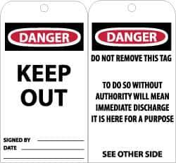 NMC - 3" High x 6" Long, DANGER - KEEP OUT, English Safety & Facility Accident Prevention Tag - Tag Header: Danger, 2 Sides, Black, Red & White Unrippable Vinyl - Eagle Tool & Supply