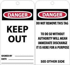 NMC - 3" High x 6" Long, DANGER - KEEP OUT, English Safety & Facility Accident Prevention Tag - Tag Header: Danger, 2 Sides, Black, Red & White Unrippable Vinyl - Eagle Tool & Supply