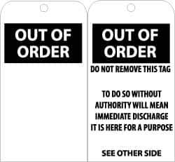 NMC - 3" High x 6" Long, OUT OF ORDER, English Safety & Facility Accident Prevention Tag - Tag Header: Danger, 2 Sides, Black & White Unrippable Vinyl - Eagle Tool & Supply