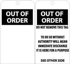 NMC - 3" High x 6" Long, OUT OF ORDER, English Safety & Facility Accident Prevention Tag - Tag Header: Danger, 2 Sides, Black & White Unrippable Vinyl - Eagle Tool & Supply