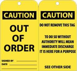 NMC - 3" High x 6" Long, CAUTION - OUT OF ORDER, English Safety & Facility Accident Prevention Tag - Tag Header: CAUTION, 2 Sides, Black & Yellow Unrippable Vinyl - Eagle Tool & Supply