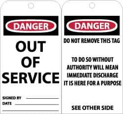 NMC - 3" High x 6" Long, Danger - Out of Service, English Safety & Facility Accident Prevention Tag - Tag Header: Danger, 2 Sides, Black, Red & White Unrippable Vinyl - Eagle Tool & Supply
