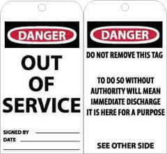NMC - 3" High x 6" Long, Danger - Out of Service, English Safety & Facility Accident Prevention Tag - Tag Header: Danger, 2 Sides, Black, Red & White Unrippable Vinyl - Eagle Tool & Supply