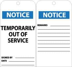 NMC - 3" High x 6" Long, NOTICE - TEMPORARILY OUT OF SERVICE, English Safety & Facility Accident Prevention Tag - Tag Header: Notice, 2 Sides, Black, White & Blue Unrippable Vinyl - Eagle Tool & Supply