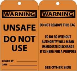 NMC - 3" High x 6" Long, WARNING - UNSAFE DO NOT USE, English Safety & Facility Accident Prevention Tag - Tag Header: Warning, 2 Sides, Black & Orange Unrippable Vinyl - Eagle Tool & Supply