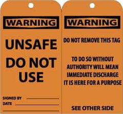 NMC - 3" High x 6" Long, WARNING - UNSAFE DO NOT USE, English Safety & Facility Accident Prevention Tag - Tag Header: Warning, 2 Sides, Black & Orange Unrippable Vinyl - Eagle Tool & Supply