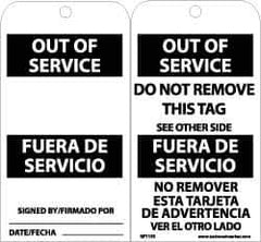 NMC - 3" High x 6" Long, OUT OF SERVICE, English & Spanish Safety & Facility Accident Prevention Tag - Tag Header: Notice, 2 Sides, Black & White Unrippable Vinyl - Eagle Tool & Supply