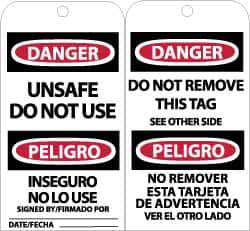 NMC - 3" High x 6" Long, DANGER - UNSAFE DO NOT USE, English & Spanish Safety & Facility Accident Prevention Tag - Tag Header: Danger, 2 Sides, Black, Red & White Unrippable Vinyl - Eagle Tool & Supply