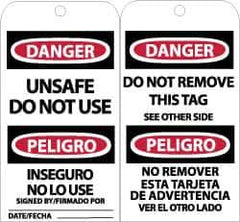 NMC - 3" High x 6" Long, DANGER - UNSAFE DO NOT USE, English & Spanish Safety & Facility Accident Prevention Tag - Tag Header: Danger, 2 Sides, Black, Red & White Unrippable Vinyl - Eagle Tool & Supply