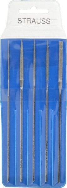 Strauss - 5 Piece Diamond Pattern File Set - 5-1/2" Long, Fine Coarseness, Square Handle, Set Includes Equalling, Half Round, Round, Square - Eagle Tool & Supply