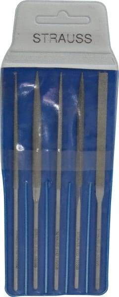 Strauss - 5 Piece Diamond Pattern File Set - 5-1/2" Long, Fine Coarseness, Round Handle, Set Includes Equalling, Half Round, Round, Square, Three Square - Eagle Tool & Supply