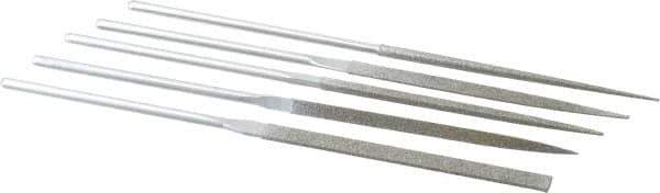 Strauss - 5 Piece Diamond Pattern File Set - 5-1/2" Long, Medium Coarseness, Round Handle, Set Includes Equalling, Half Round, Round, Square, Three Square - Eagle Tool & Supply