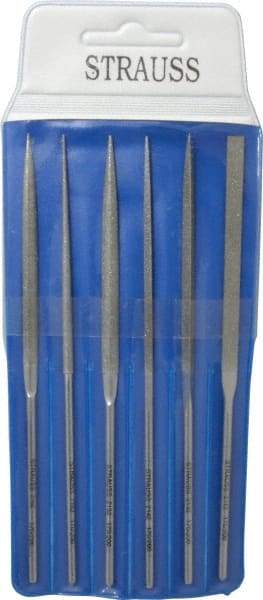 Strauss - 6 Piece Diamond Pattern File Set - 5-1/2" Long, Fine Coarseness, Round Handle, Set Includes Crossing, Equalling, Half Round, Round, Square, Three Square - Eagle Tool & Supply