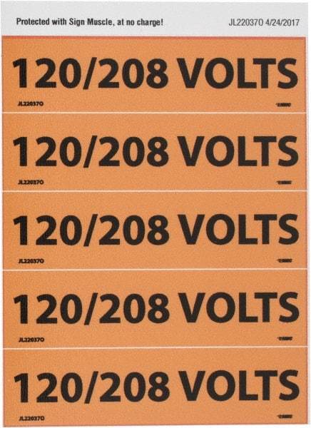 NMC - Electrical Markers Label - Legend: 120/208 Volts, English, Black & Orange, 4-1/2" Long x 1-1/8" High, Sign Muscle Finish - Eagle Tool & Supply