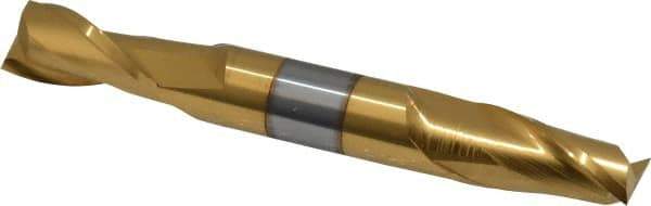 Atrax - 1/2", 1" LOC, 1/2" Shank Diam, 4" OAL, 2 Flute, Solid Carbide Square End Mill - Double End, TiN Finish, Spiral Flute, 30° Helix, Centercutting, Right Hand Cut - Eagle Tool & Supply