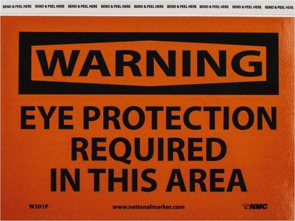 NMC - "Warning - Eye Protection Required in This Area", 7" Long x 10" Wide, Pressure-Sensitive Vinyl Safety Sign - Rectangle, 0.004" Thick, Use for Accident Prevention - Eagle Tool & Supply