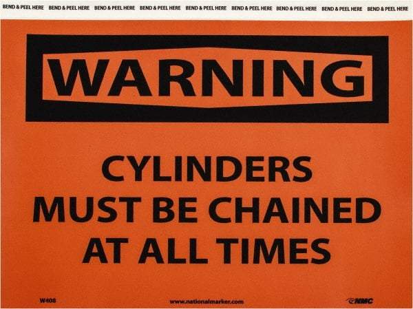 NMC - "Warning - Cylinders Must Be Chained at All Times", 7" Long x 10" Wide, Pressure-Sensitive Vinyl Safety Sign - Rectangle, 0.004" Thick, Use for Accident Prevention - Eagle Tool & Supply