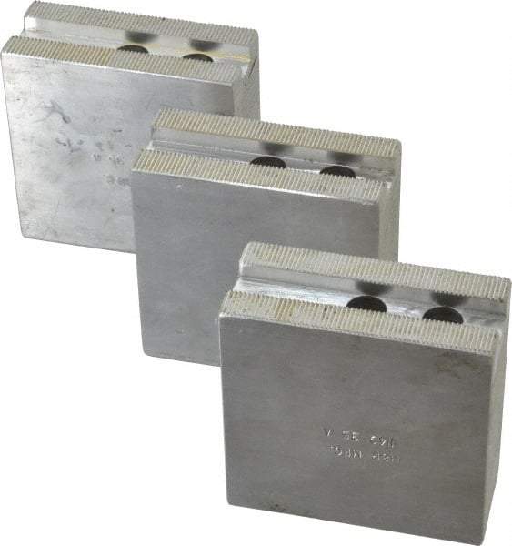 H & R Manufacturing - 8" Chuck Capacity, 1.5mm x 60° Serrated Attachment, Square Soft Lathe Chuck Jaw - 3 Jaws, Aluminum, 1" Btw Mount Hole Ctrs, 3-1/2" Long x 1-1/2" Wide x 3-1/2" High, 0.551" Groove, 12mm Fastener - Eagle Tool & Supply