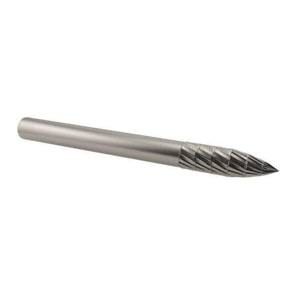 SGS Pro - 1/8" Cut Diam, 1/8" Shank Diam, Tree Head Double Cut Burr - Carbide, Point End, 3/8" LOC, 1-1/2" OAL - Eagle Tool & Supply