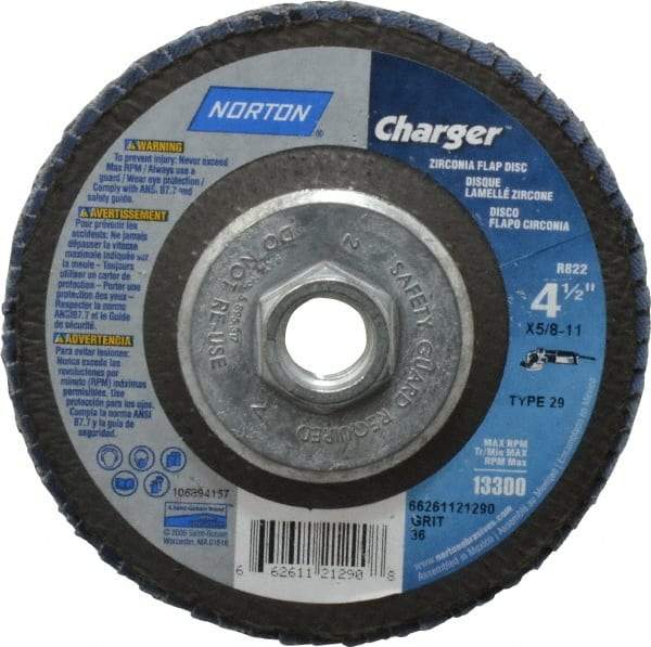 Norton - 36 Grit, 4-1/2" Disc Diam, 5/8-11 Center Hole, Type 29 Zirconia Alumina Flap Disc - 13,000 Max RPM, Fiberglass Backing, Arbor Attaching System, Coated - Eagle Tool & Supply