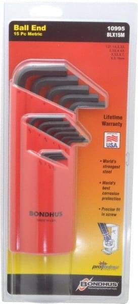 Bondhus - 15 Piece L-Key Ball End Hex Key Set - Hex Range 1.27 to 10mm - Eagle Tool & Supply