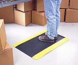 Wearwell - 75' Long x 4' Wide, Dry Environment, Anti-Fatigue Matting - Black with Yellow Borders, Vinyl with Vinyl Sponge Base, Beveled on 4 Sides - Eagle Tool & Supply