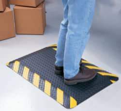 Wearwell - 20' Long x 3' Wide, Dry Environment, Anti-Fatigue Matting - Black with Yellow Chevron Borders, Vinyl with Nitrile Blend Base, Beveled on 4 Sides - Eagle Tool & Supply