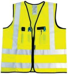 OccuNomix - Size 2XL High Visibility Yellow Solid Surveyor's Vest - 48 to 50" Chest, ANSI 107-2015, Zipper Closure, 12 Pockets, Polyester - Eagle Tool & Supply