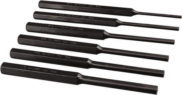 Mayhew - 6 Piece, 3 to 8mm, Roll Pin Punch Set - Hex Shank, Alloy Steel, Comes in Pouch - Eagle Tool & Supply