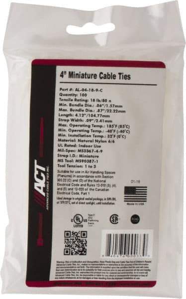 Made in USA - 4-1/8" Long Natural (Color) Nylon Standard Cable Tie - 18 Lb Tensile Strength, 1.07mm Thick, 22.23mm Max Bundle Diam - Eagle Tool & Supply